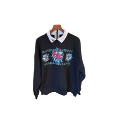 Vtg 90s Morning Sun Holiday Cottagecore Floral Sweatshirt Black Double Collar L