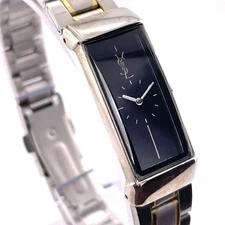 Yves Saint Laurent Rectangle Watch Black Dial Quartz Silver 15mm New Strap YSL