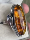 Art Nouveau Natural Baltic Amber Vintage 925 Sterling Silver Ring Size Q