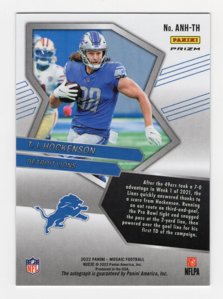 2022 Panini Mosaic Football TJ Hockenson Autographs No Huddle #ANH-TH Lions - Image 2 of 2