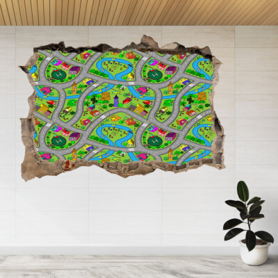 Autos Wald Straßen Muster Kinderzimmer 3D Smashed View Wandaufkleber Poster Aufkleber A810