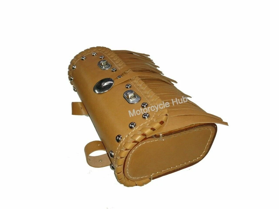 Pure Leather Tan Color Tool Bag Fit For Indian Motorcycles With Studs & Fringe. Foto 4 de 4