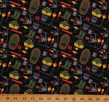 Cotton Fishing Tackle Gear Lures Poles Boots Boxes Fabric Print by Yard D785.47