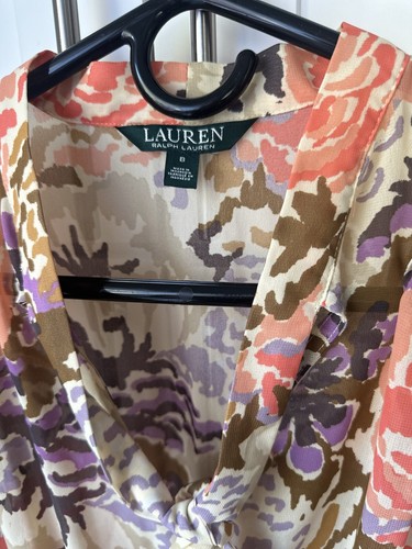 Lauren Ralph Lauren Tie Neck Spring Floral Chiffon Long Sleeve Dress Size 8 - Foto 2 di 4