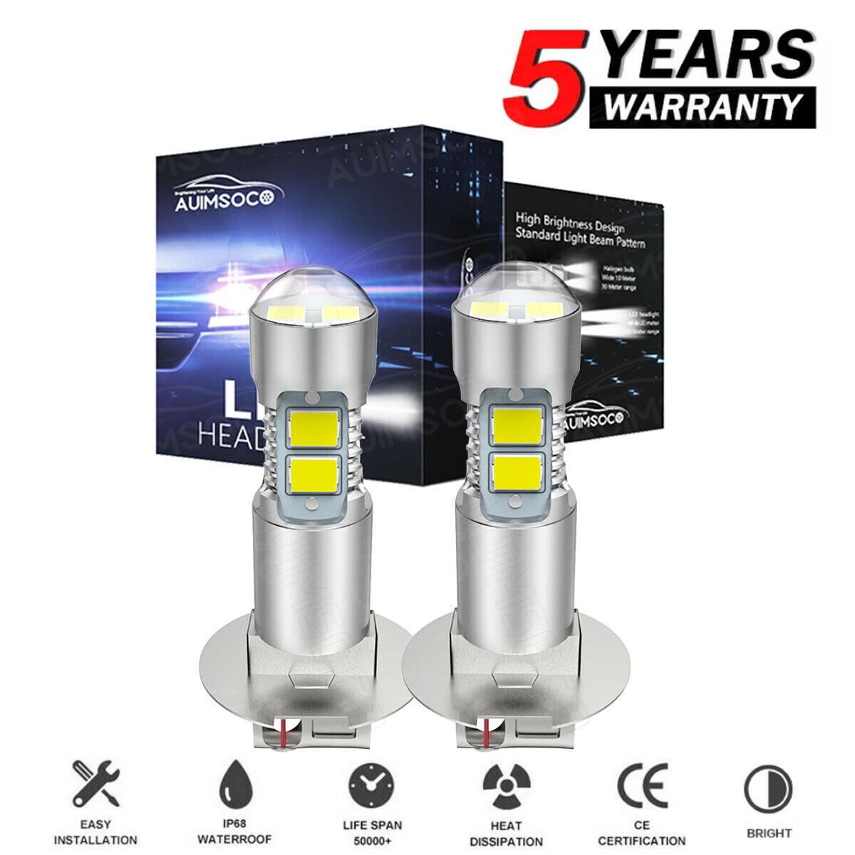 2Pcs H3 LED Fog Light Bulbs Super Bright 6500K White DRL Conversion Kit
