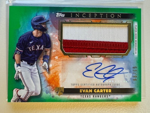 2024 Topps Inception Evan Carter RC Autograph Patch Card Green RPA /99