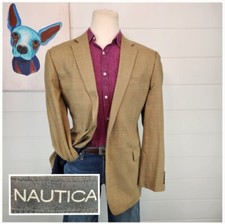 Nautica Mens Two Button Blazer Jacket Wheat Windowpane 100 Wool Woven Size 42L