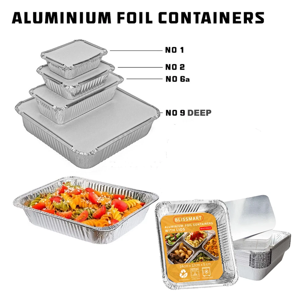 BLISSMART Foil Food Containers With Lids Aluminium Tray Takeaway Microwave Safe Non-Toxic