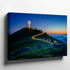 Serene Twilight Scene Depicting A Luminous Cross Atop A Gently Sloping Wall Art