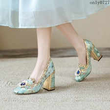 Women's Beads Rhinestones Dress Embroidery Flower High Heel Satin Pumps Shoes