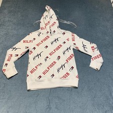 Tommy Hilfiger Fleece Pullover Hoodie Boys S 8/10 White Script Logo Long Sleeve