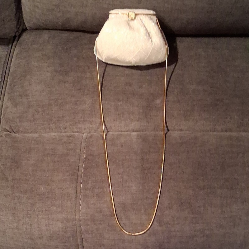 Vanessa White Beaded Evening Bag Clutch with Gold Frame and Chain Strap