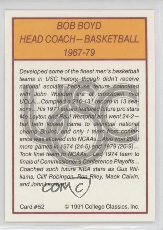1991 Collegiate Classics USC Trojans All-Time Bob Boyd #52 - Image 2 of 2