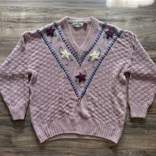 Vintage Chunky Knit Sweater Floral Embroidery Pink Large Grannycore Cottagecore