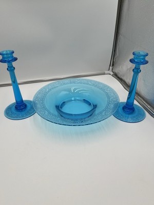Vintage Fostoria Versailles Azure Blue 3 Pc Console Bowl Candlestick Set