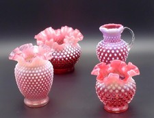 4pc Lot Fenton CRANBERRY OPALESCENT HOBNAIL Glass Vases  Open Syrup