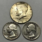 (Lot of 3) silver coins 1- 1964 Kennedy Half dollar and 2- quarters 41' and 58'