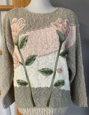 70s Shenanigans Floral Knit Sweater Womens M Pullover Gray Pink Cottagecore Boho