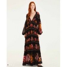 NWOT: FARM Rio Black Chenille Flowers Long Sleeve Midi Dress Size S
