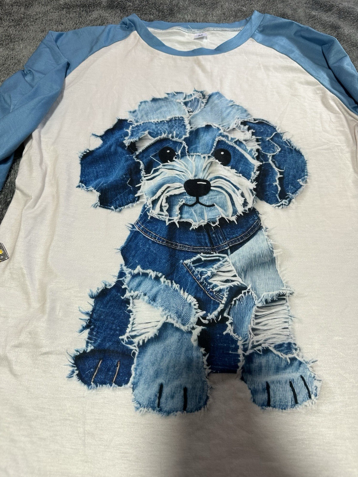 Dog Pattern Denim Patchwork Art T-Shirt Size M - image 1