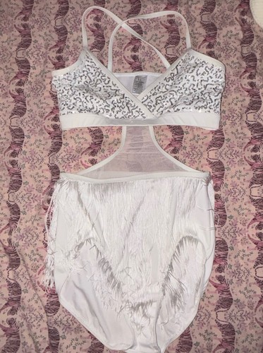 Weissman White & Silver Sequin & Fringe Dance Costume Size SA Small Adult