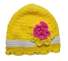 Vtg Crochet Handmade Flower Hat Beanie Women's OS Yellow White Knit NEW