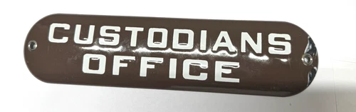 Vintage CUSTODIANS OFFICE Porcelain Enameled Metal Sign w/ Gromets Man Cave