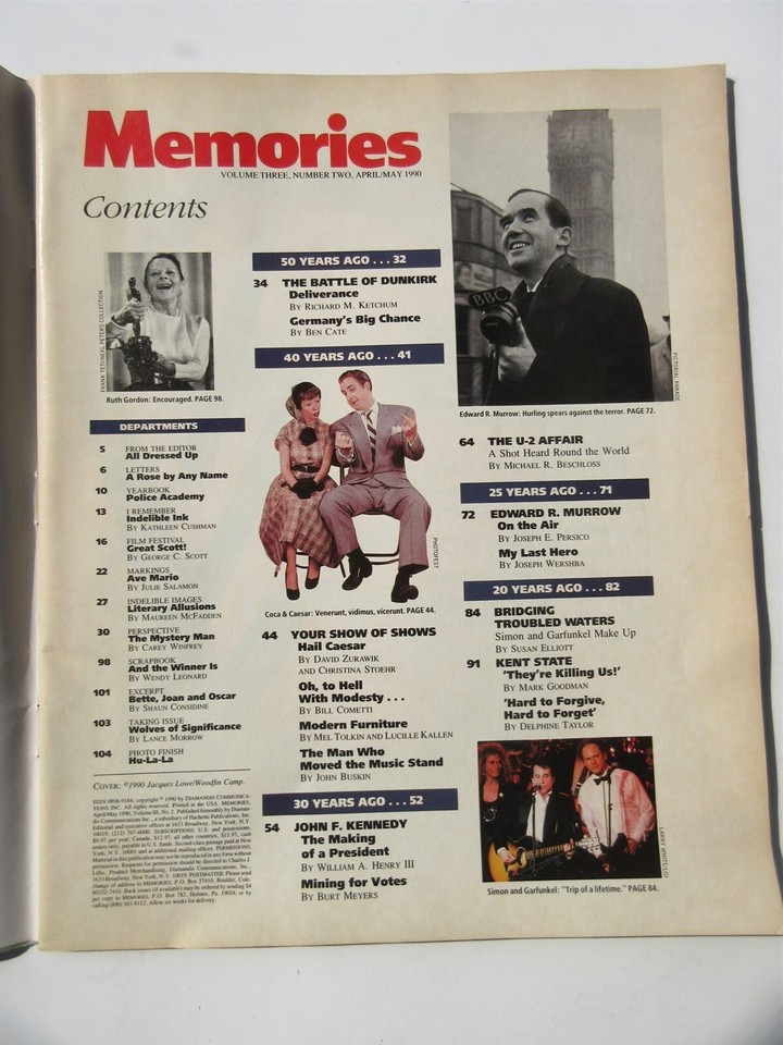 Memories Magazine April 1990 John F. Kennedy, Edward R. Murrow, Kent ...