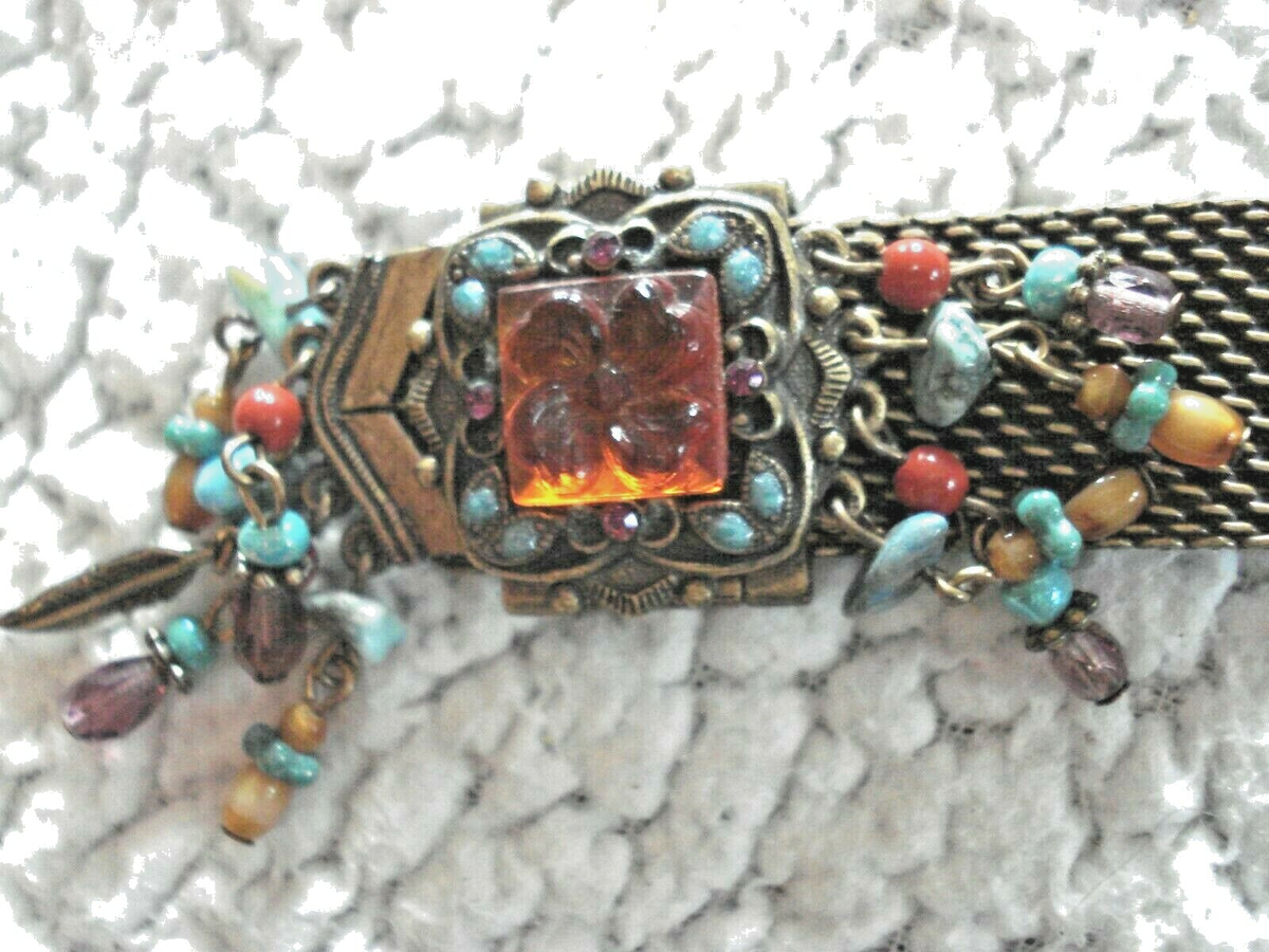 RARE VTG. SWEET ROMANCE USA BRONZE TONE MESH JEWELED  display picture 1