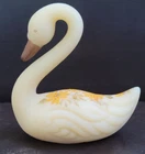 VTG 70s FENTON Custard Satin Glass Swan w/ Daisies Figurine Signed Sandy Kelley