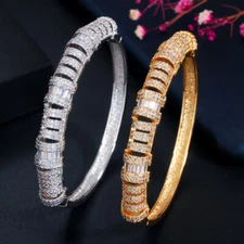 Micro Pave White Gold Plated Cubic Zircon Bridal Round Open Cuff Wedding Bangle