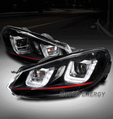 FOR 10-14 VW GOLF GTI RED STRIPE LED U-TUBE BLACK PROJECTOR HEADLIGHT LEFT+RIGHT