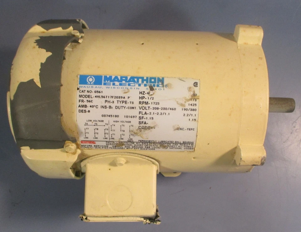 Marathon Electric G561 AC Motor 4VL56T17F2039A 3PH 1/2HP 1725RPM 5/8" Shaft Dia - Image 2 of 4