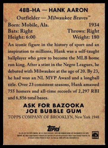 2017 Bowman 1948 Chrome Hank Aaron Braves #48B-HA - Picture 2 of 2