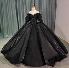 Black Gothic Quinceanera Dresses Off Shoulder Puffy Sleeve Gillter Lace-upCorset