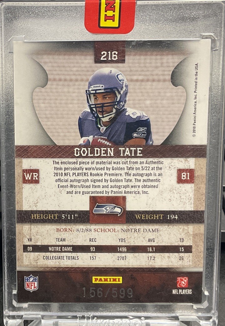 2010 Panini Plates & Patches Golden Tate Rookie Patch Auto RPA Red