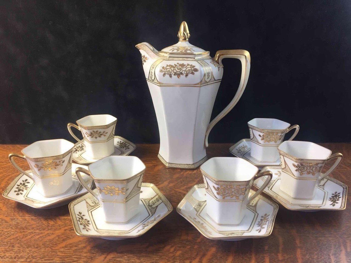 Vintage Noritake Teapot Chocolate Pot Set 6 Cups Saucers Gold