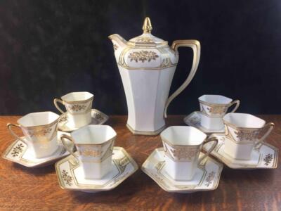 Vintage Noritake Teapot Chocolate Pot Set 6 Cups Saucers Gold Encrusted Flowers
