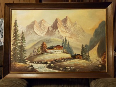 Vintage Mid 20th Century 1950s Original Framed Alpine Painting