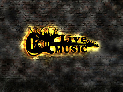 Hand Logo Rock and Roll Heavy  Live Music Musik DJ Schild Gitarre LED Wandbild