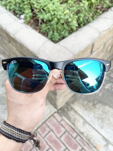 New Ray Ban Clubmaster Oversized RB4175 4175 Black Blue Flash Lens Size 57/16