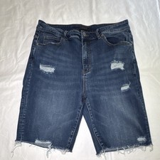 RISEN High Rise Bermuda Denim Shorts Blue Distressed Raw Hem Plus 1XL 159