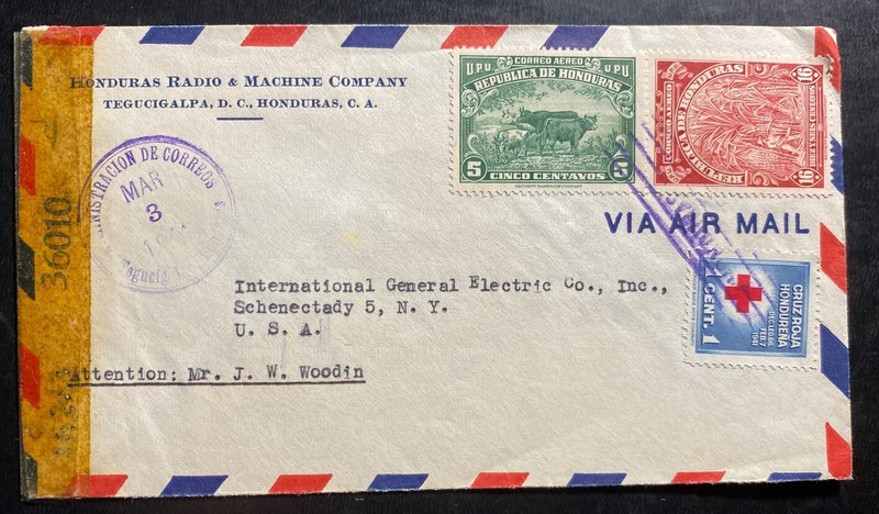1944 Tegucigalpa Honduras Censored Airmail Cover To Schenectady NY USA