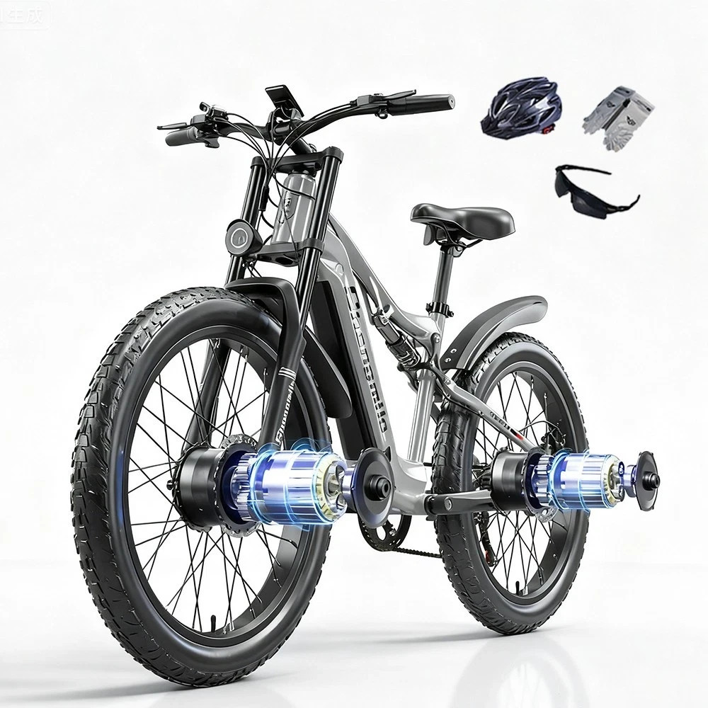 New E-Bike 26"" Fat Tyre Electric Mountain Bike 48V 17.5Ah Dual Motor UK Stock
