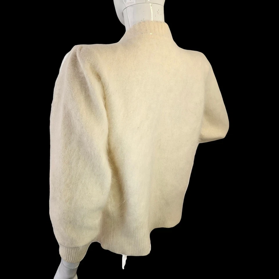 Positive Image 70-80s Angora Cardigan Sweater Sz M Beaded Satin Appliqué White - Image 3 of 4