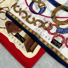 CELINE Vintage Cotton Scarf Lot of 2 Equestrian Chain Navy Red 90s DEADSTOCK