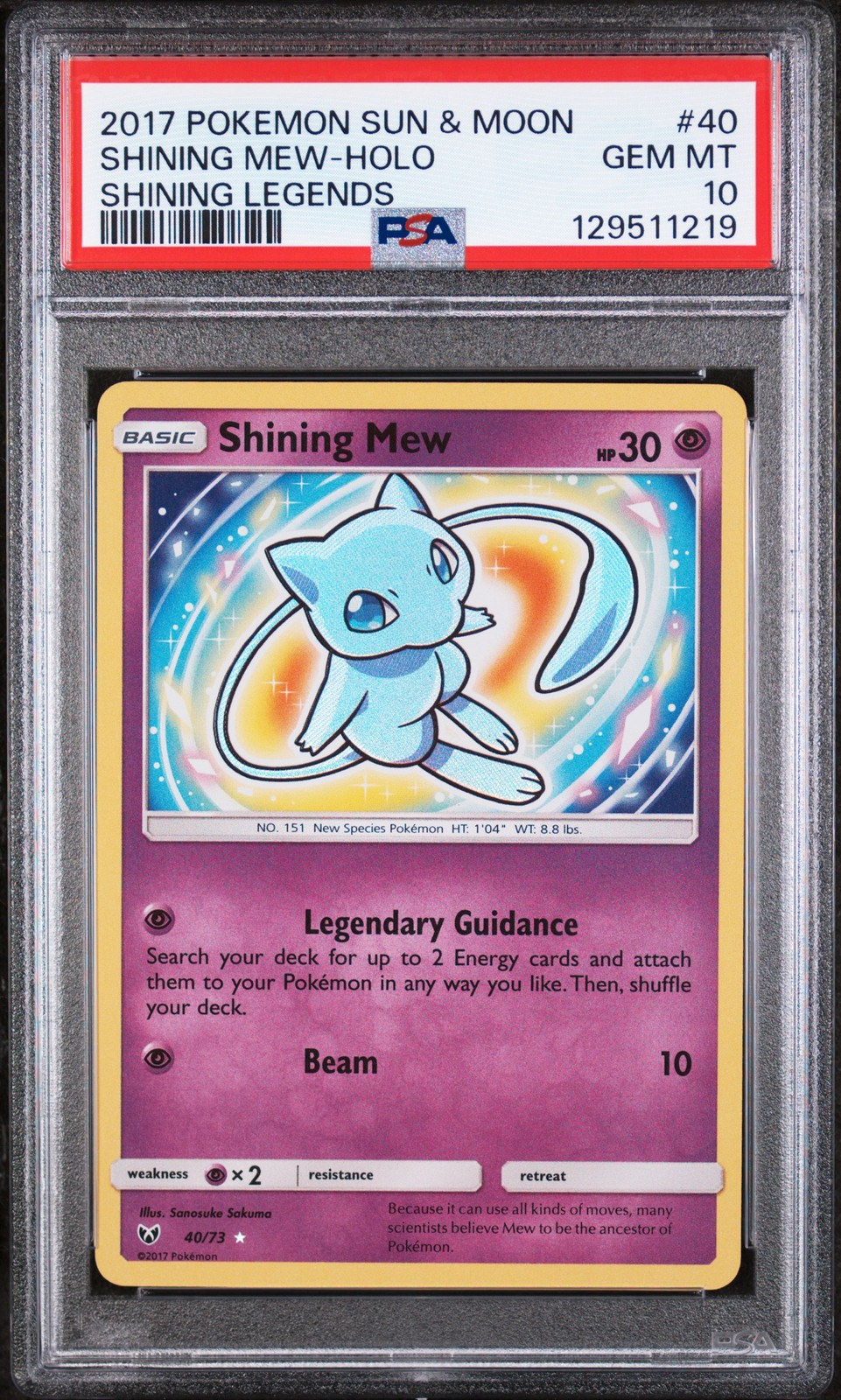 2017 POKEMON SUN & MOON SHINING LEGENDS #40 SHINING MEW-HOLO PSA 10