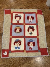 Raggedy Ann And Andy Quilt 6 Images REAL Yarn Hair 52" x 45" Super Adorable EUC