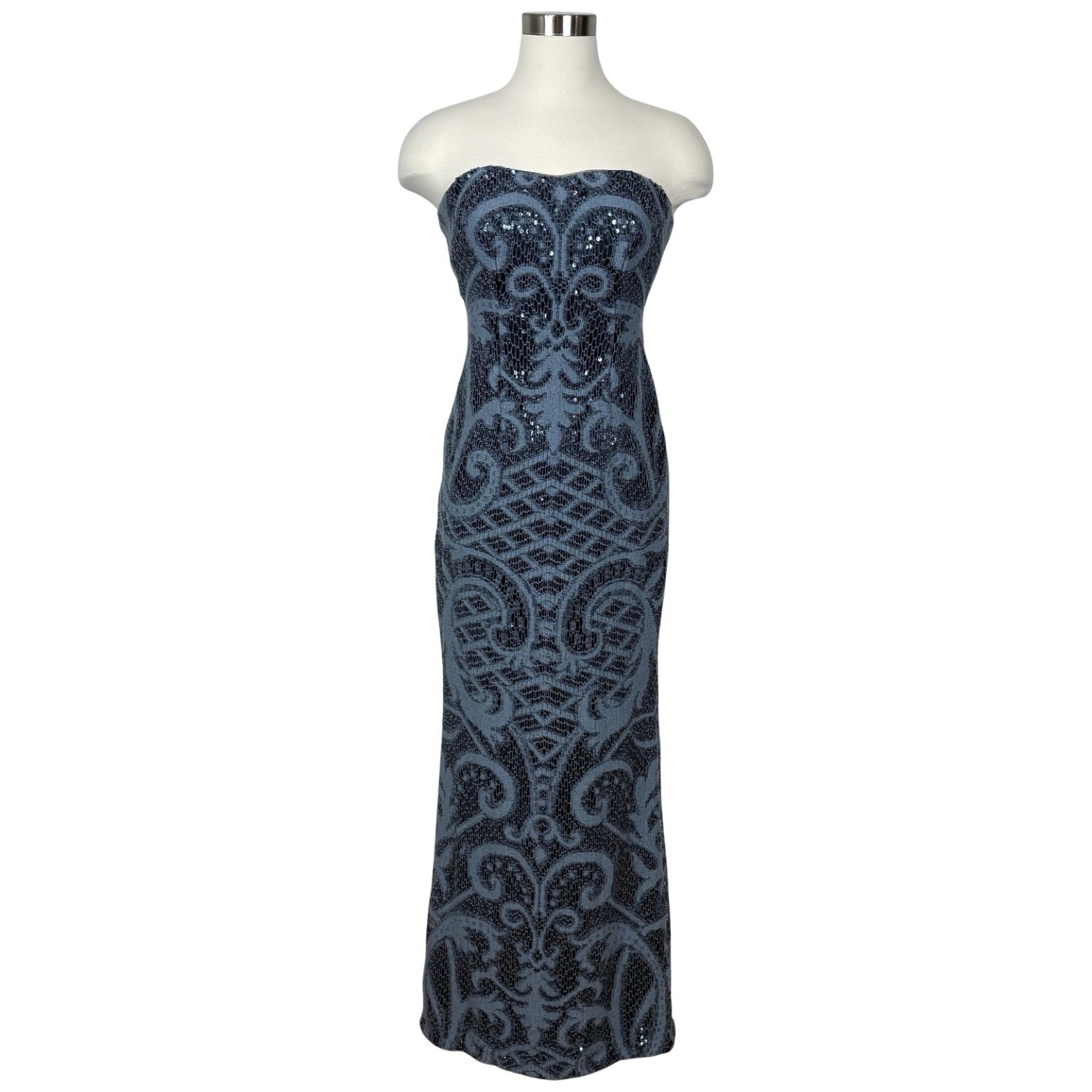 Adrianna Papell Full Length Lace Over Sequins Strapless Gown Sz 2 Blue HoCo