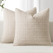 20x20 Linen Check Throw Pillow Covers Set of 2 Natural Beige Farmhouse